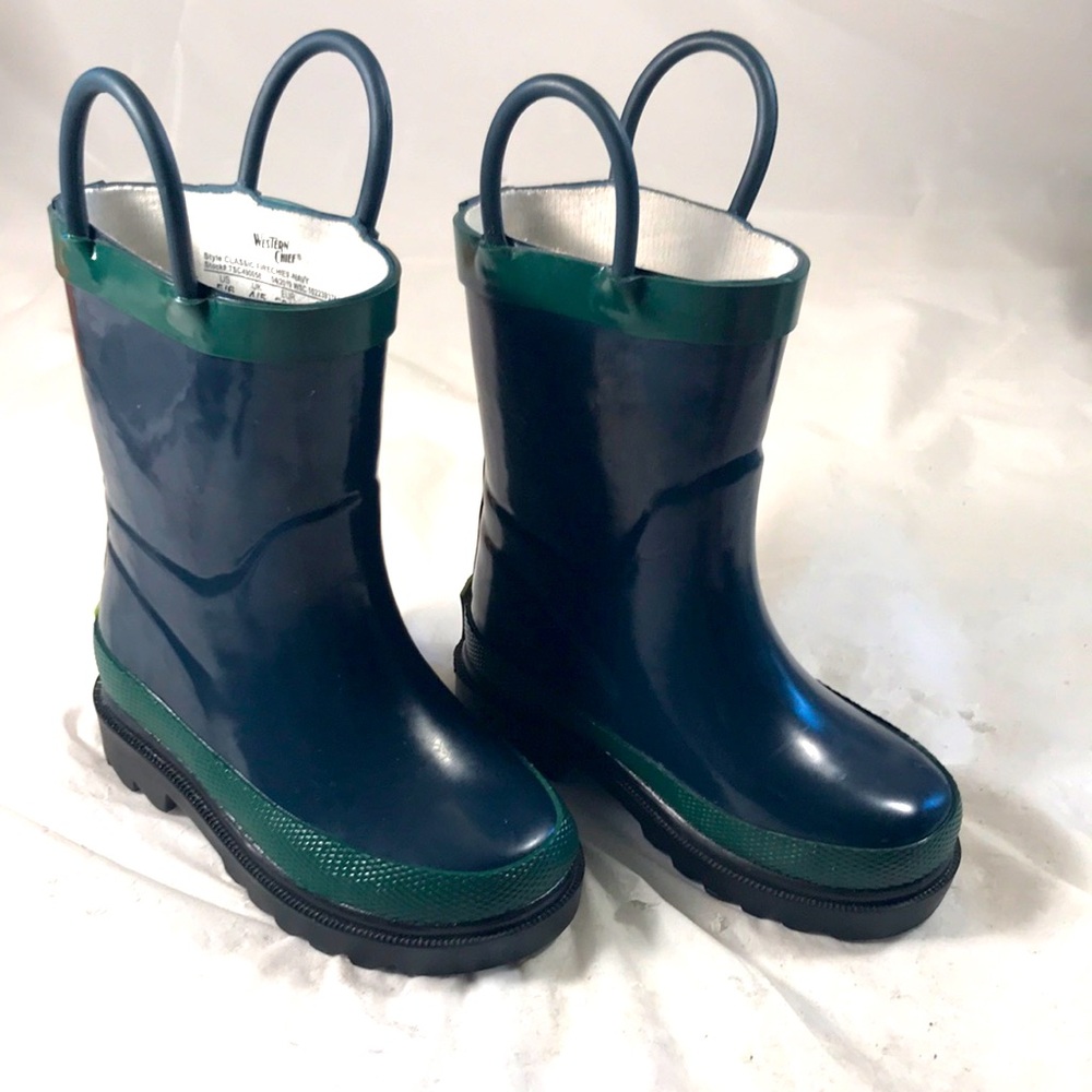 Western Chief Classic “Firecheif Navy and Green Pull On Rubber Rain Boots